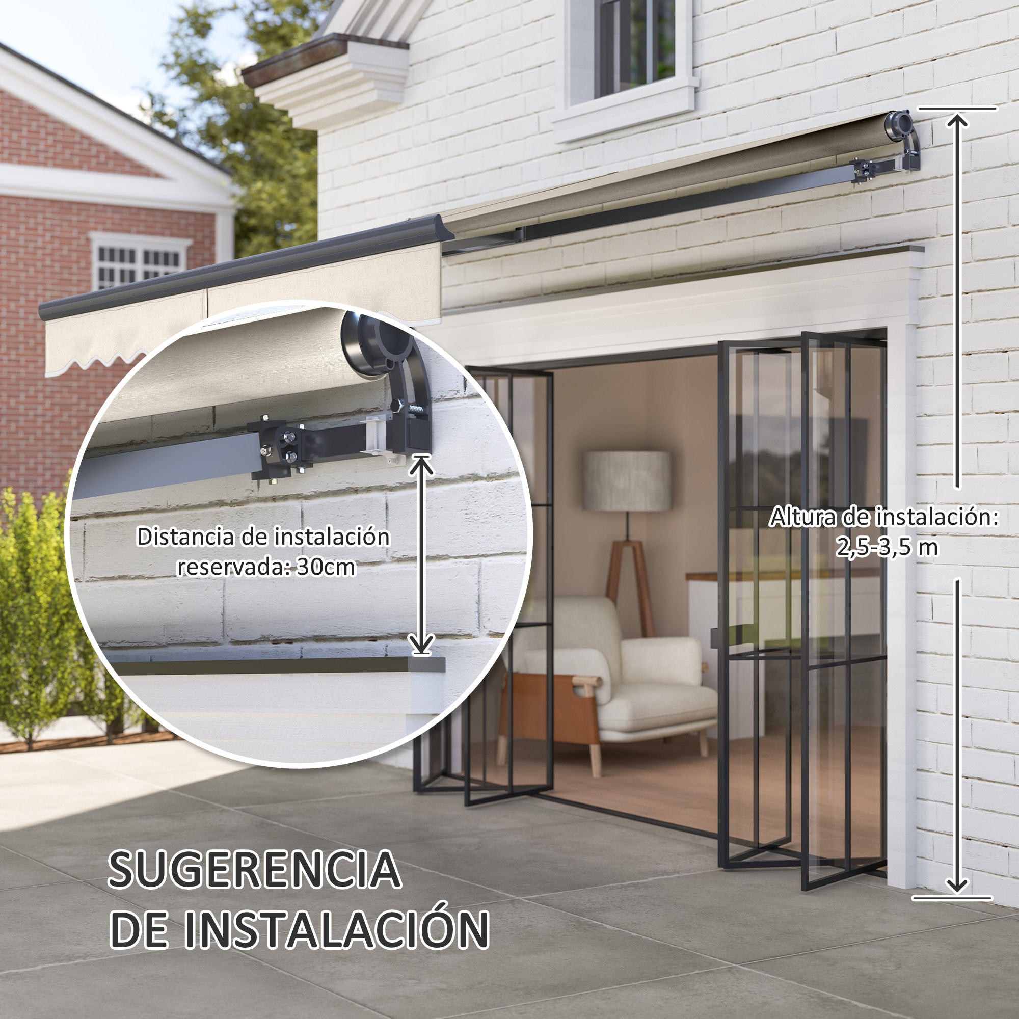 Toldo Eléctrico Retráctil y Manual con Mando a Distancia 3x2,5 m Toldo de Exterior Terraza Enrollable con Manivela Marco de Aluminio y Protección UV30+ para Jardín Puerta Ventana Crema