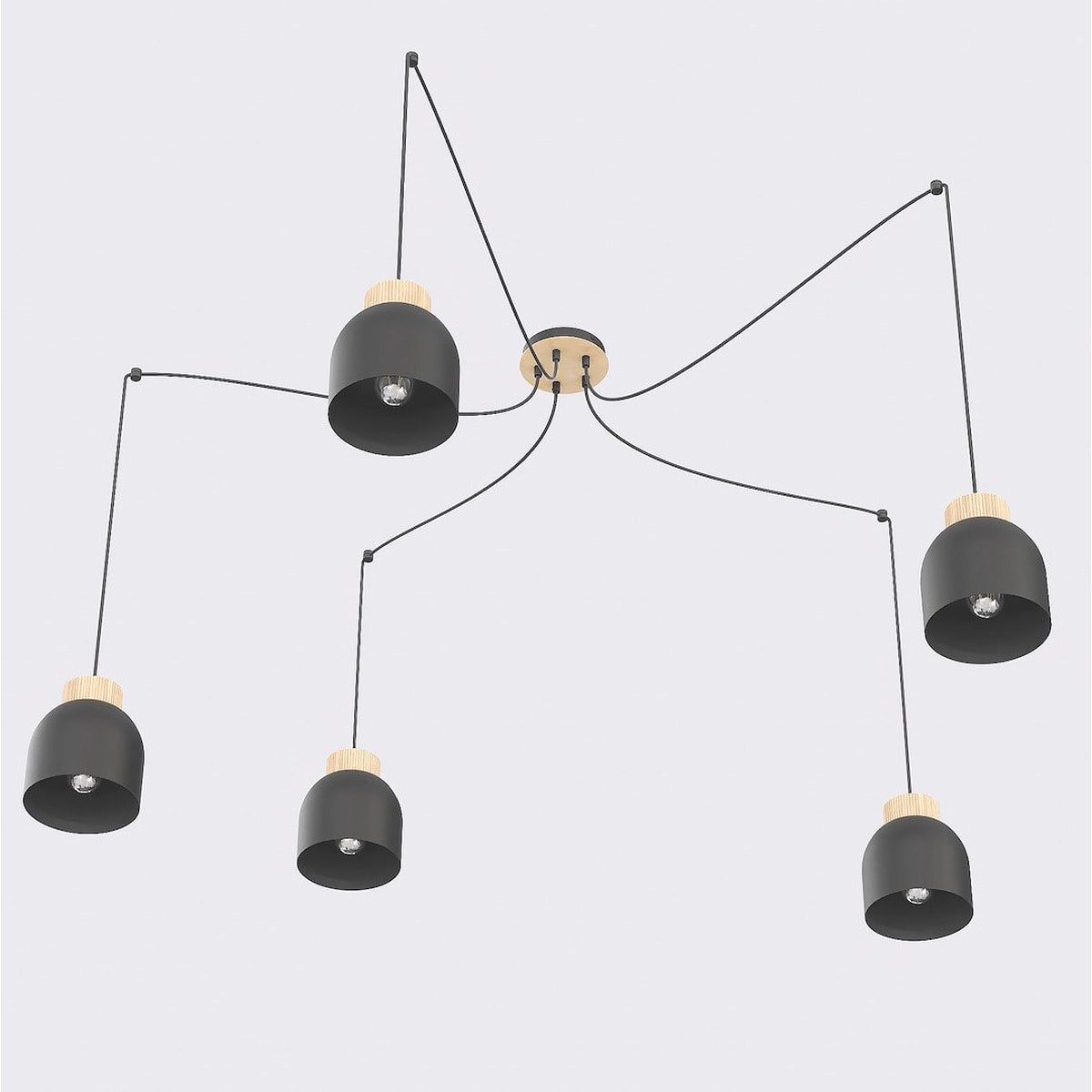 Lampada a sospensione KRU in metallo nero opaco e legno naturale
