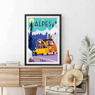 Poster de sur la route des alpes Affiche + cadre en bois - Noir