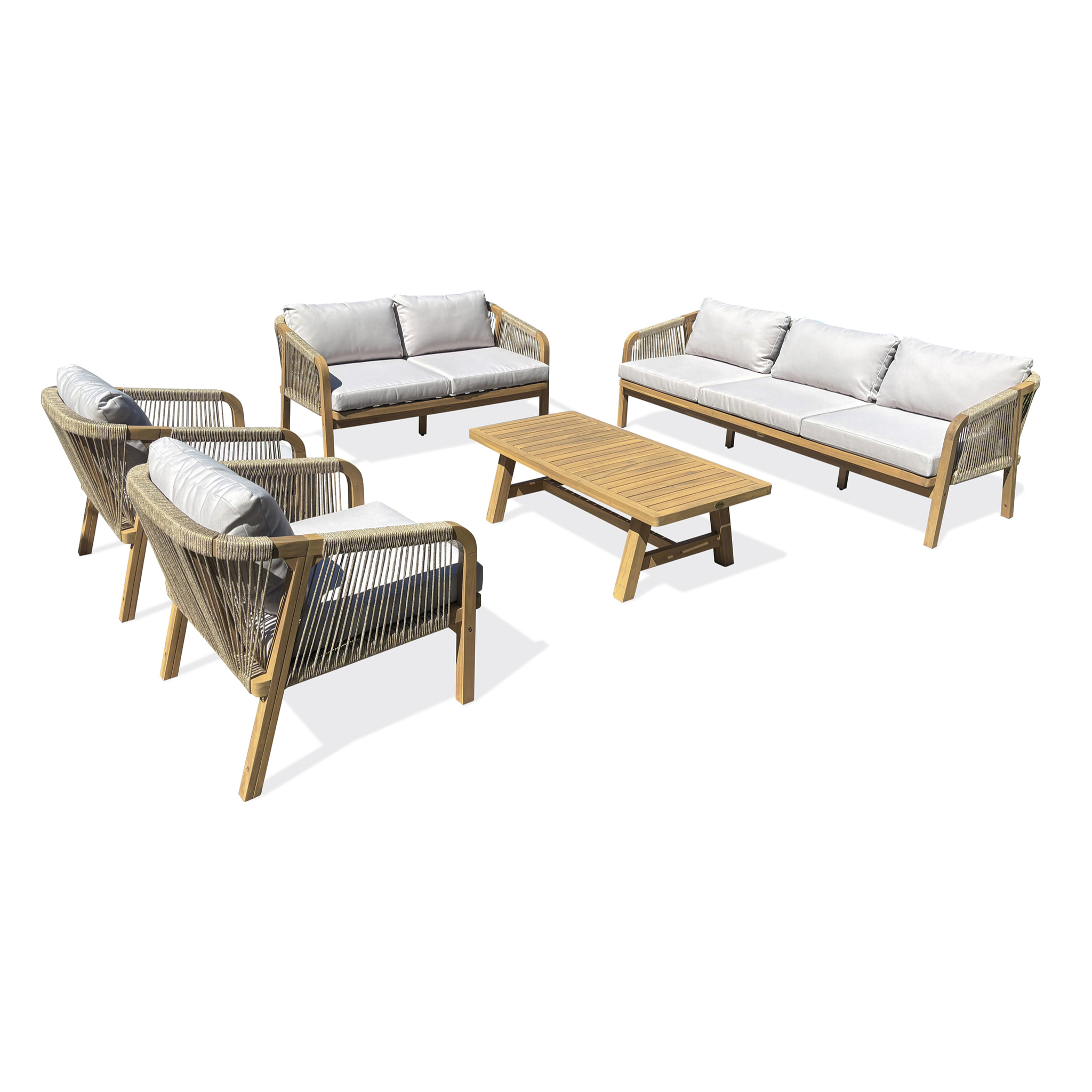 SERENA - Salon bas de jardin 7 places en bois d'acacia et corde tissée