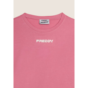 T-shirt con stampa MOV perlata e dettagli a contrasto