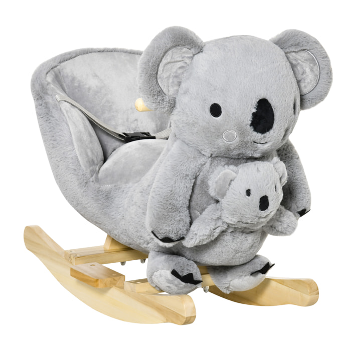 Jouet à bascule koala avec marionnette - effet sonore rugissement - fauteuil intégré, ceinture de sécurité - bois peuplier peluche courte polyester gris