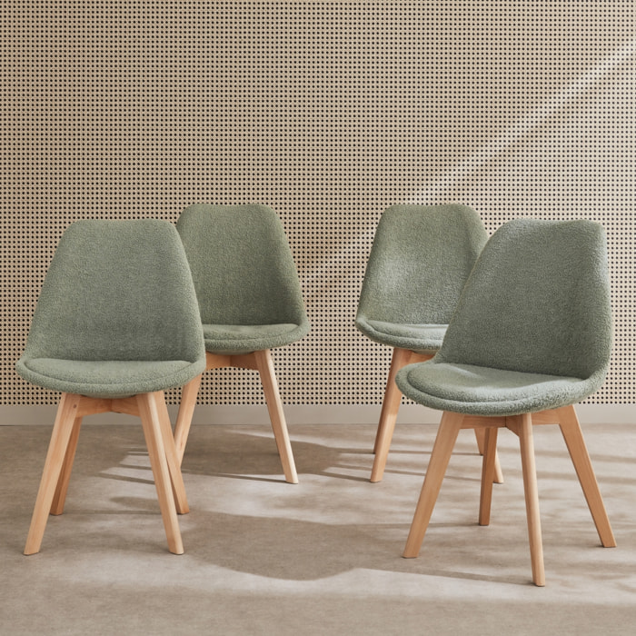 Lot de 4 chaises scandinaves NILS revêtement bouclette vert céladon. pieds bois de hêtre. chaise 1 place