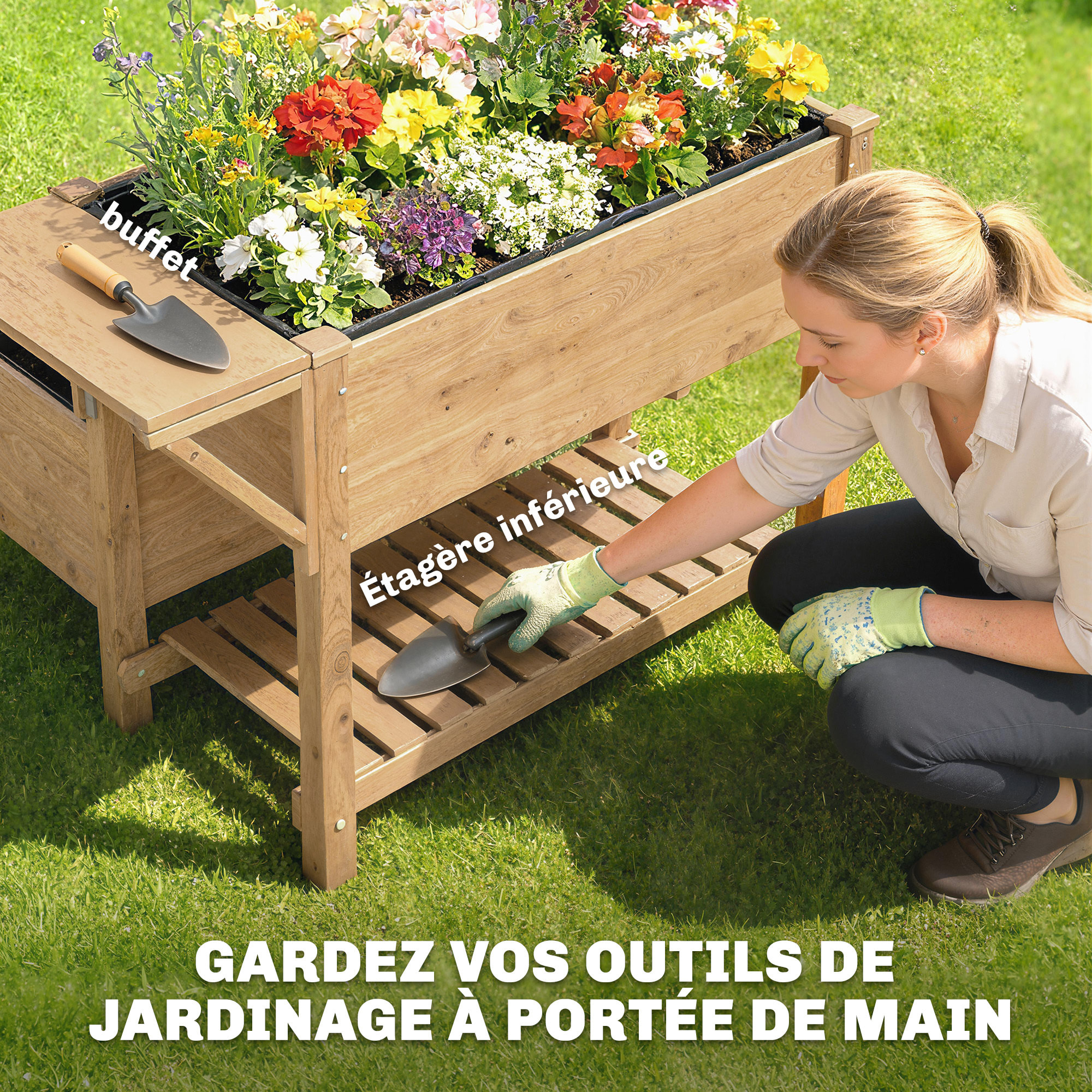 Carré potager bois en escalier sur pieds 2 niv. 2 étagères