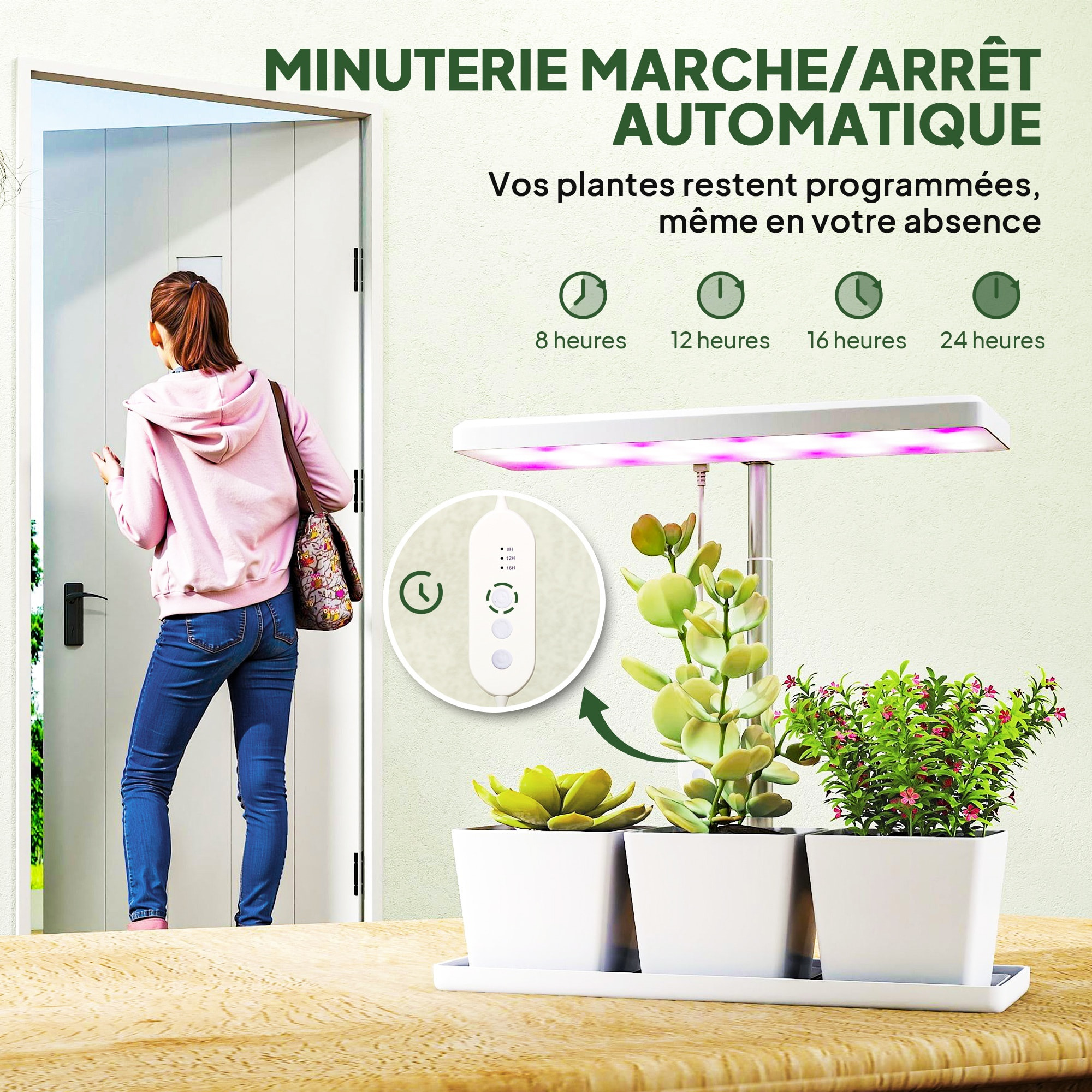 Lampe de croissance LED à spectre complet avec 3 pots - timer, hauteur, luminosité réglable - blanc