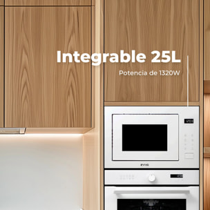 EVVO Microondas integrable Mi45 Glass White, 25L, grill 1200W, 8 funciones, multifunción, temporizador 60 min, display digital, blanco.