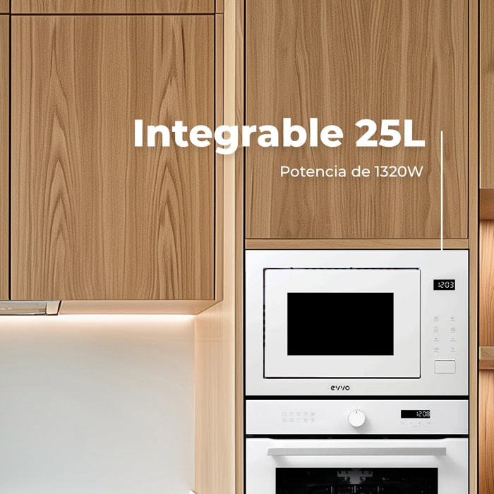 EVVO Microondas integrable Mi45 Glass White, 25L, grill 1200W, 8 funciones, multifunción, temporizador 60 min, display digital, blanco.