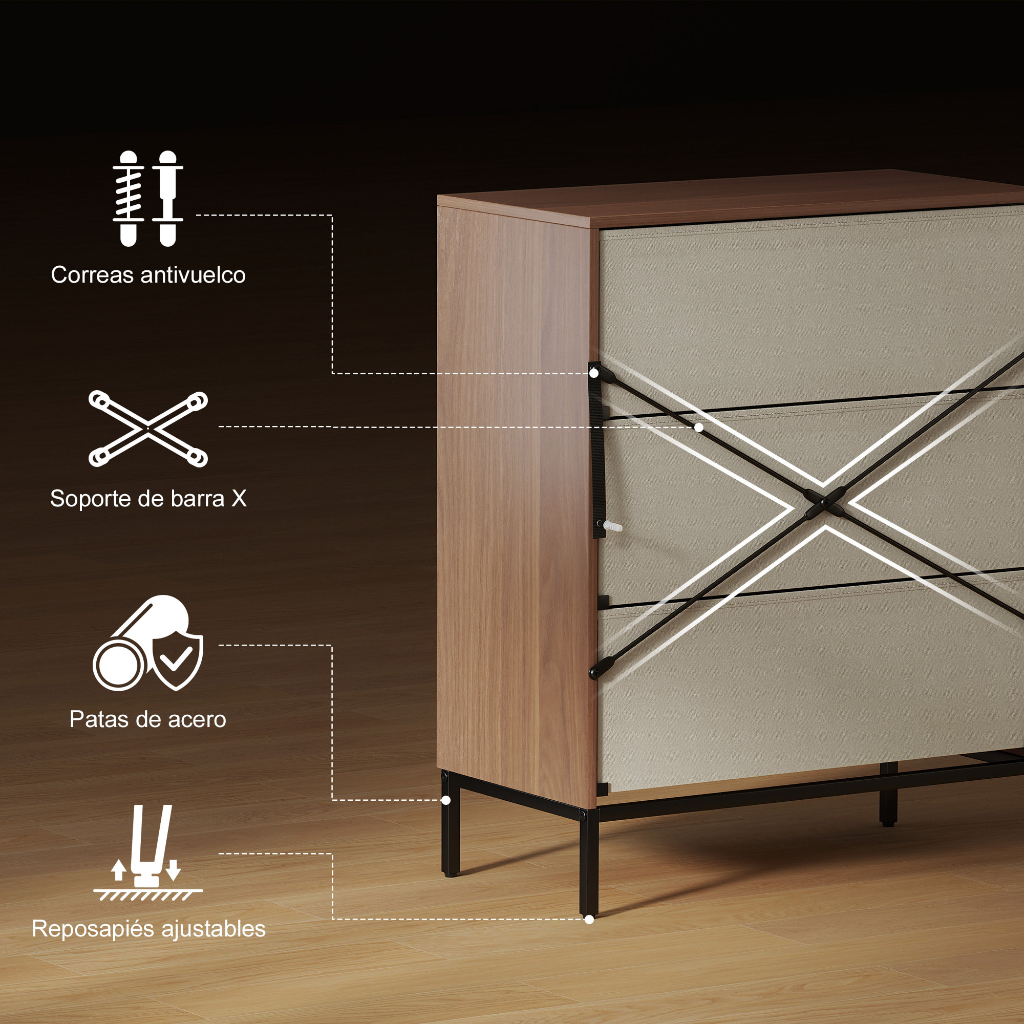 Cómoda con 3 Cajones de Tela, Cómoda para Dormitorio, Frentes con Patrón de Diamante, Cajonera para Salón, Oficina, Vestidor, Natural y Blanco