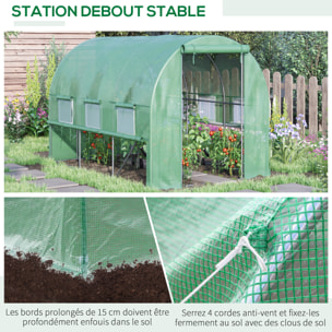Serre de jardin tunnel 6 m² 6 fenêtres porte zippée acier galvanisé PE vert