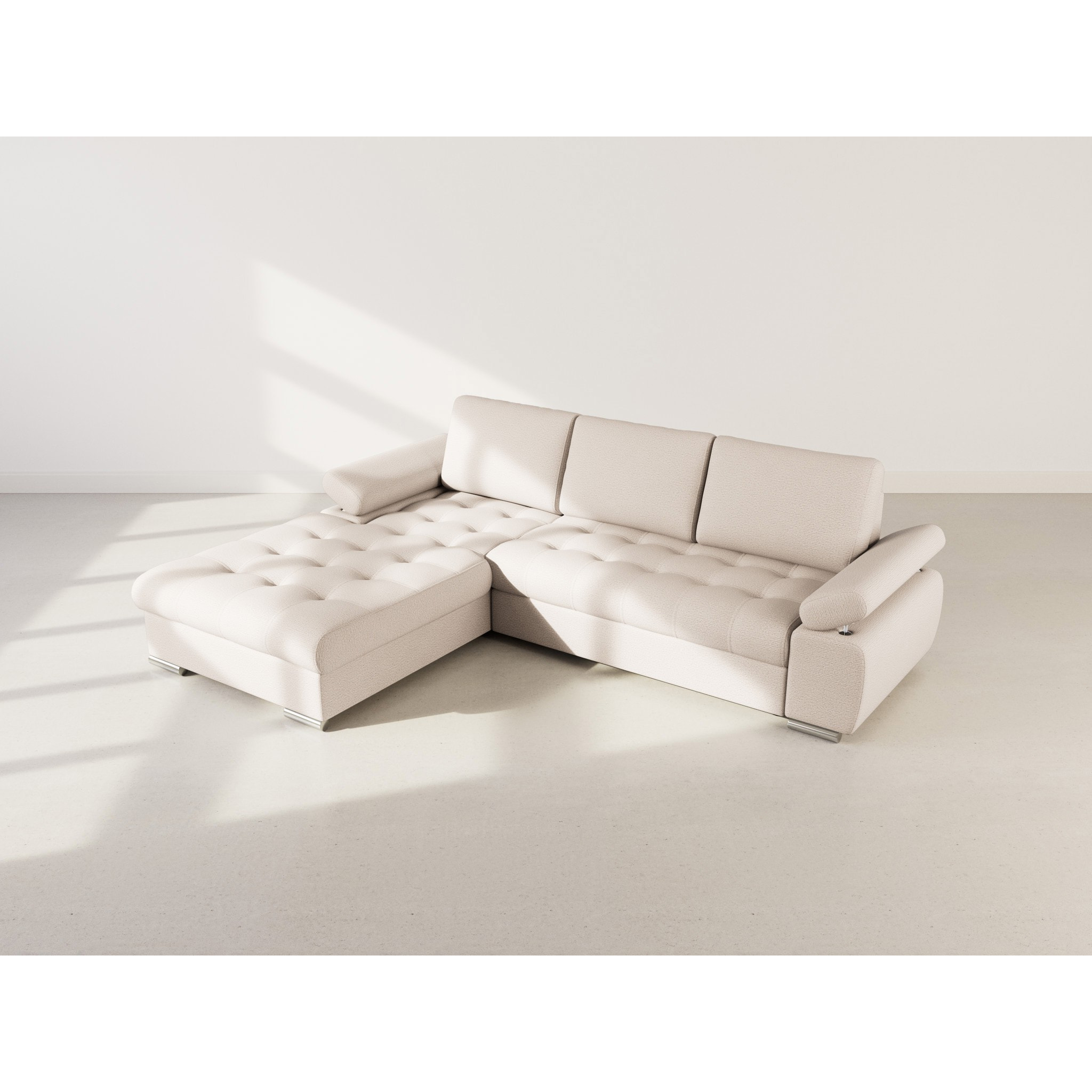 Bianca - Canapé d'angle gauche 4 places convertible avec coffre en tissu texturé - Beige