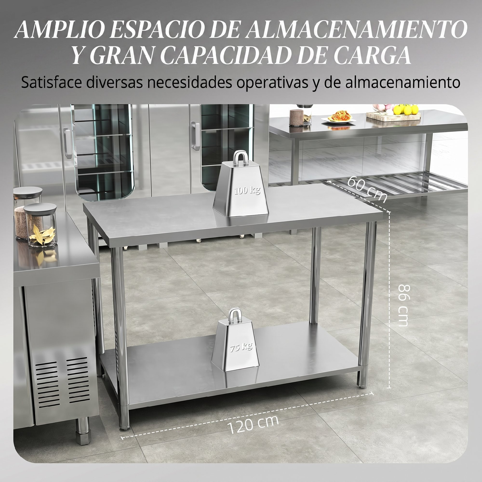 HOMCOM Mesa de Trabajo de Acero Inoxidable con 2 Estantes, Banco de Trabajo Taller Resistente para Cocina, Garaje, Carga 100 kg, 120x60x86 cm, Plata