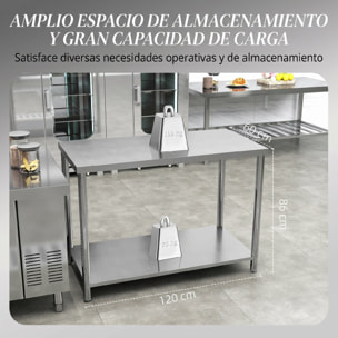 HOMCOM Mesa de Trabajo de Acero Inoxidable con 2 Estantes, Banco de Trabajo Taller Resistente para Cocina, Garaje, Carga 100 kg, 120x60x86 cm, Plata