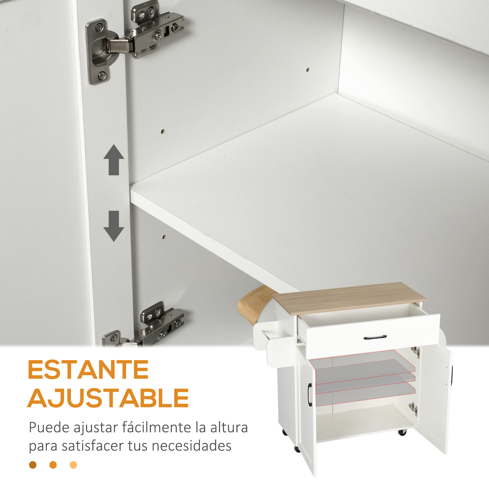 Isla de Cocina con Ruedas, Carrito de Cocina con Cajón, 2 Puertas, Toallero y Especiero, Estante Ajustable, para Comedor, 105x36x85 cm, Blanco