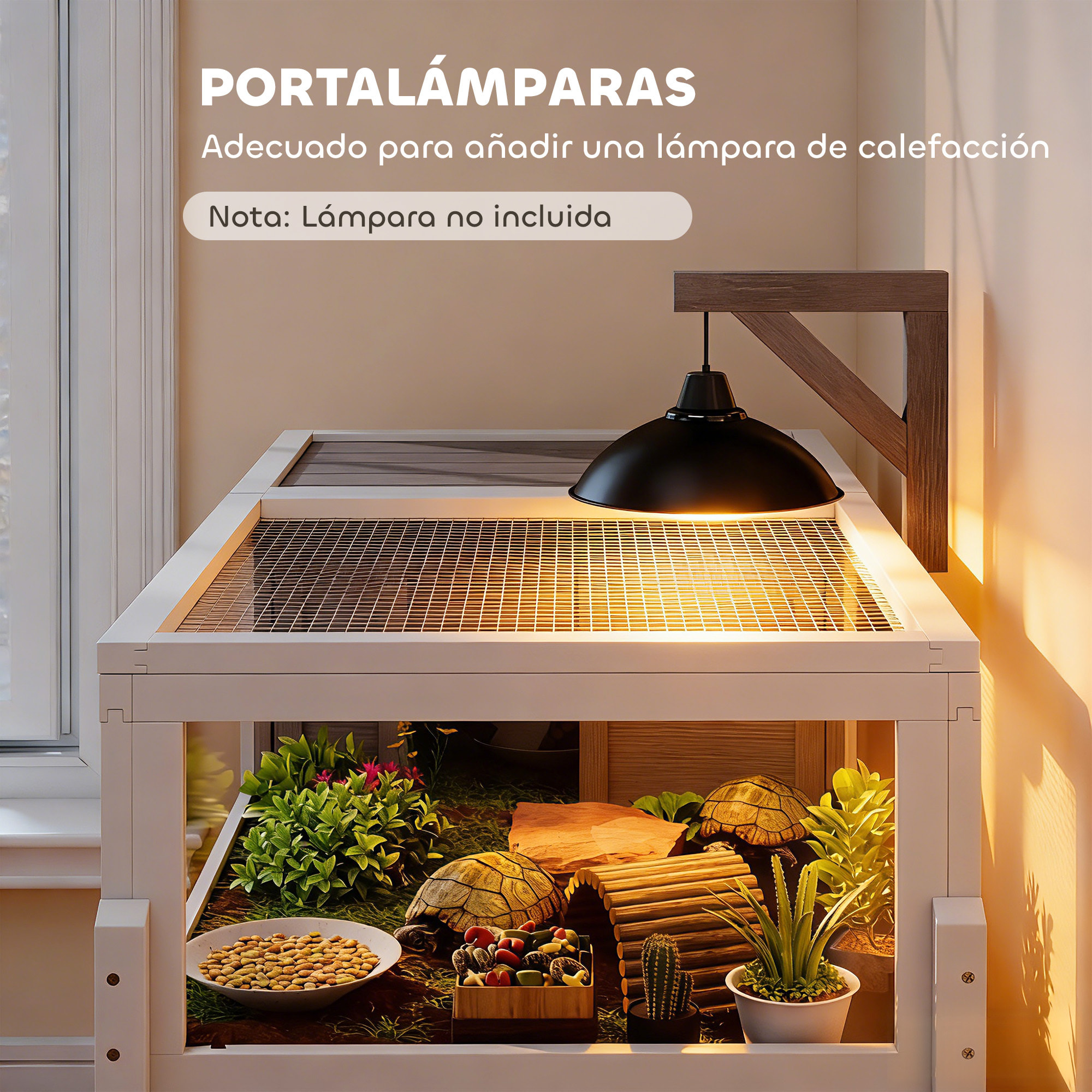 Casa para Tortugas de Madera, Terrario para Reptiles con 2 Techos Abatibles, Bandeja Extraíble, Soporte para Lámpara, Paneles Transparentes, Pestillo de Seguridad y Cuenco, Caseta para Tortugas