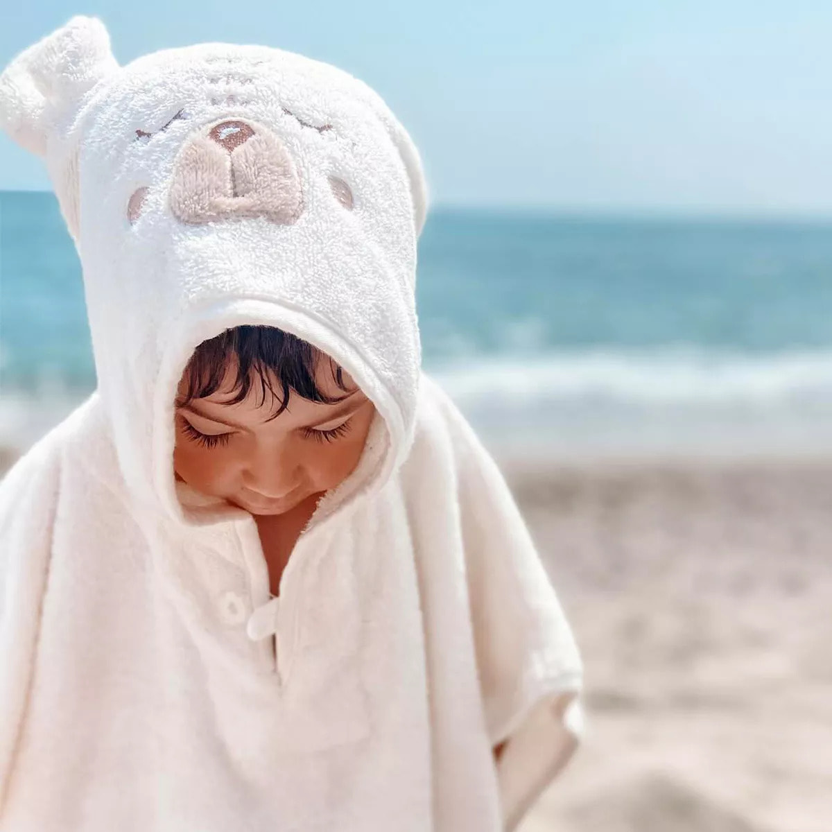 Poncho enfant pur coton 420 g/m² brodé beige Petit ours angora