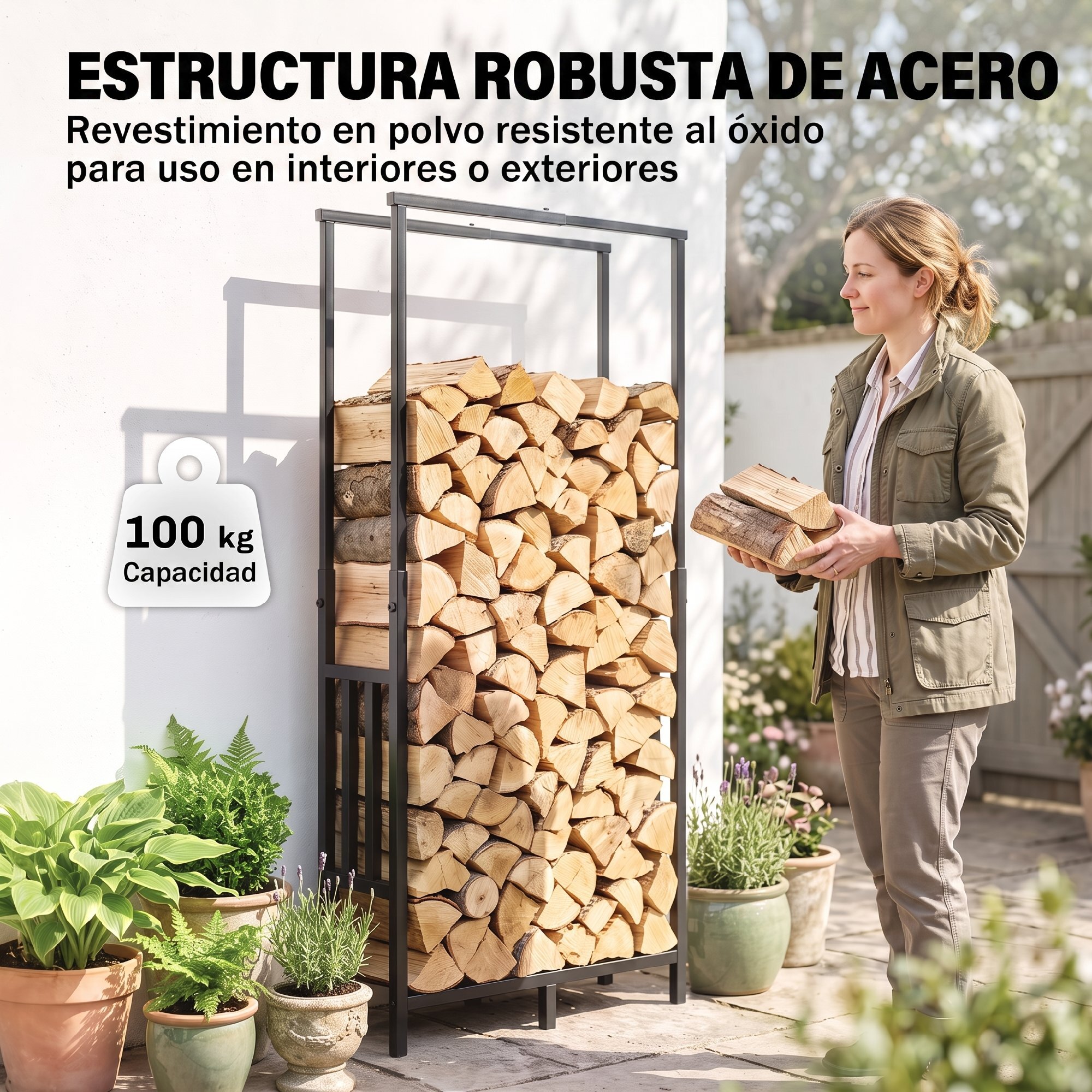 Estante de Leña de Acero Robusto, Leñero Exterior con Ancho y Alto Ajustables, Soporte para Leña de Chimenea para Interior y Exterior, Carga 100 kg, 45,5-75,5x25x98-170 cm, Negro