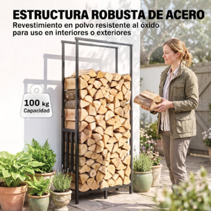 Estante de Leña de Acero Robusto, Leñero Exterior con Ancho y Alto Ajustables, Soporte para Leña de Chimenea para Interior y Exterior, Carga 100 kg, 45,5-75,5x25x98-170 cm, Negro
