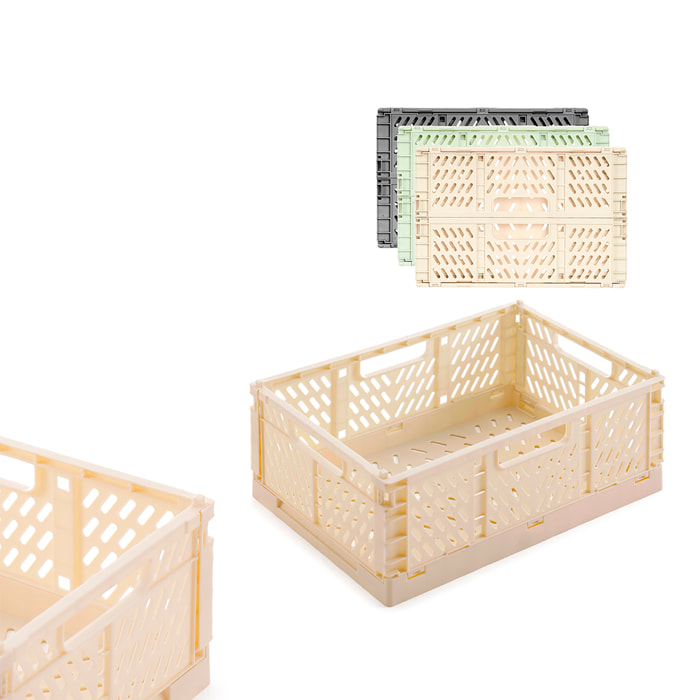 Pacco da 3 scatole pieghevoli in plastica. Assortimento di 3 colori. 7L, 30x20cm.
