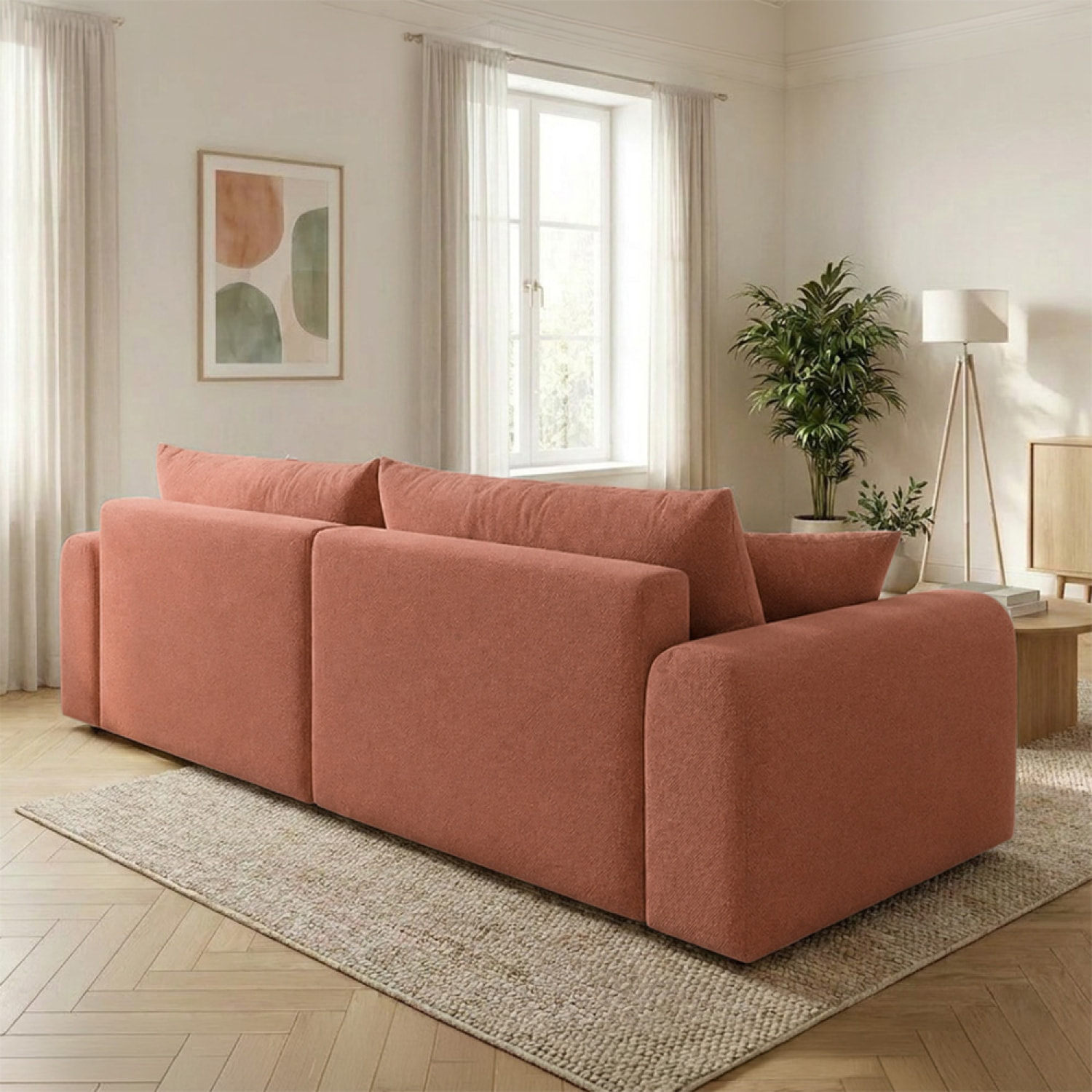 Canapé d'angle convertible terracotta 4 places tissu bouclé + coffre OLIZE