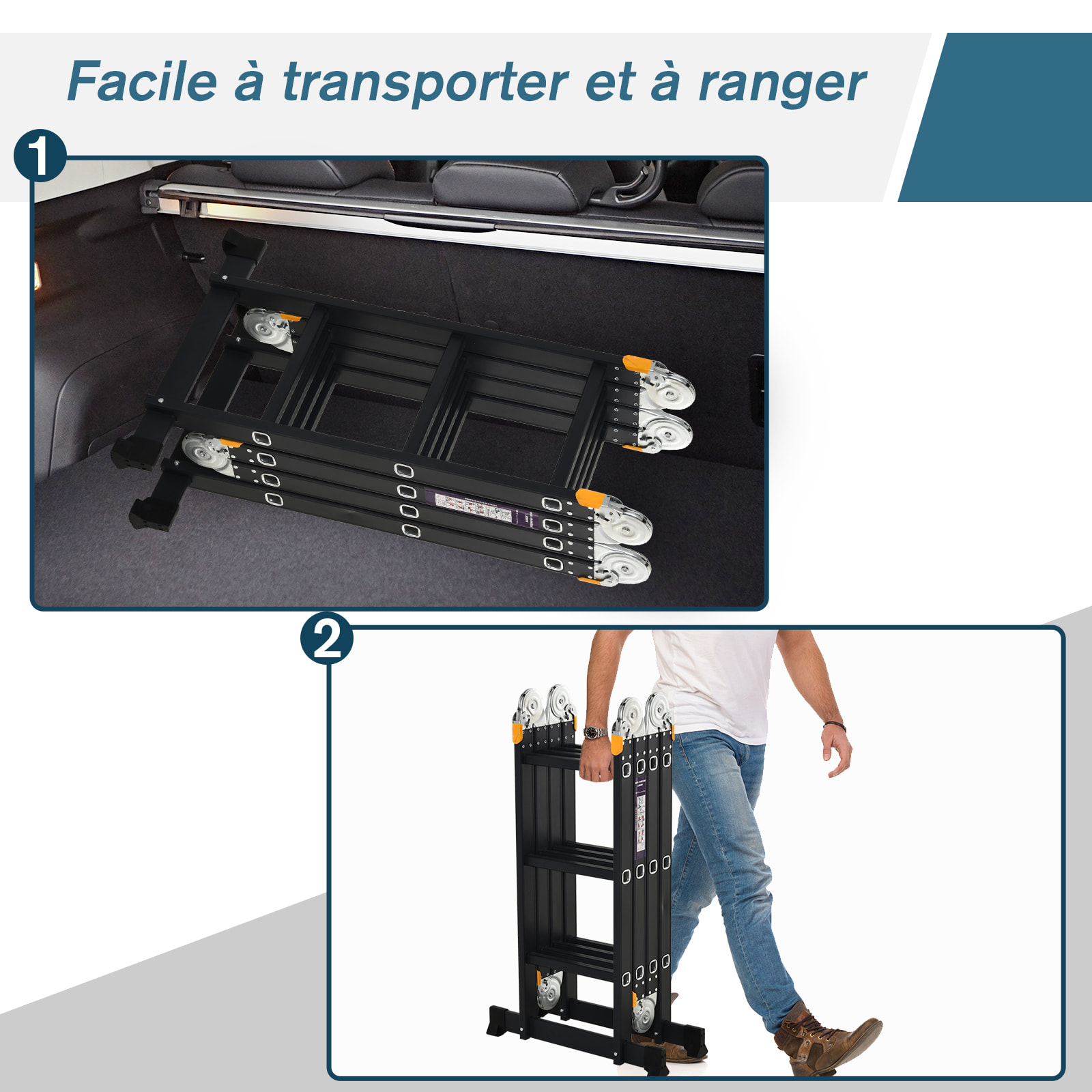 HOMCOM Echelle aluminium pliable multifonction 5 positions 3,7 m 12 échelons certification NF EN131 charge max. 150 Kg noir