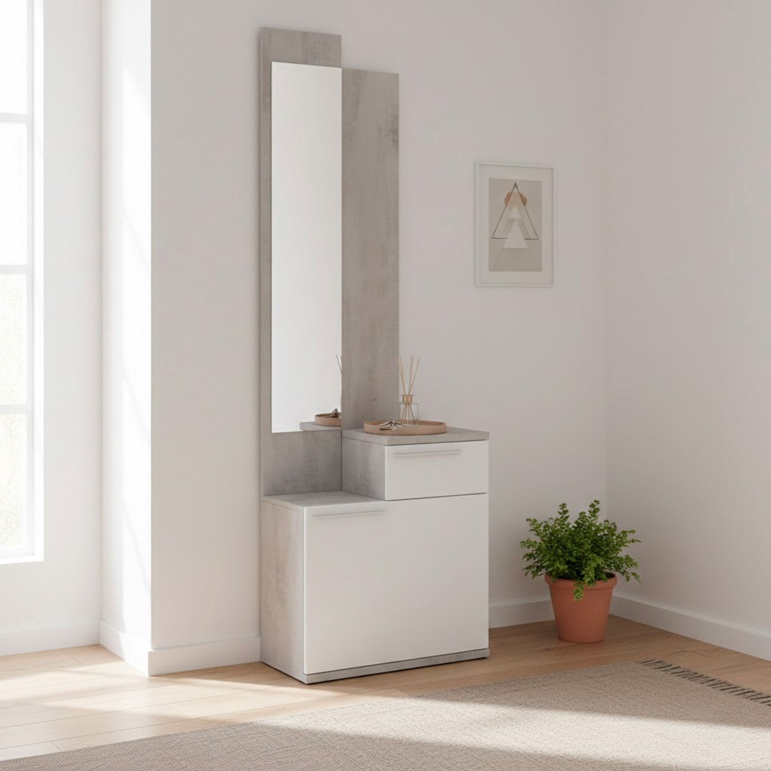 Mobile Da Ingresso Set Con Specchio E Scarpiera a Ribalta Mobile Salvaspazio Con Cassetto e Ripiani Per Ingresso 61x28x185 Cm Bianco E Grigio Cemento