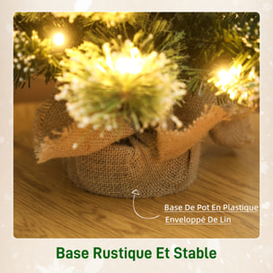 Sapin de Noël artificiel LED enneigé de table bureau H.60cm - 64 branches, 6 pommes de pin - toile de lin