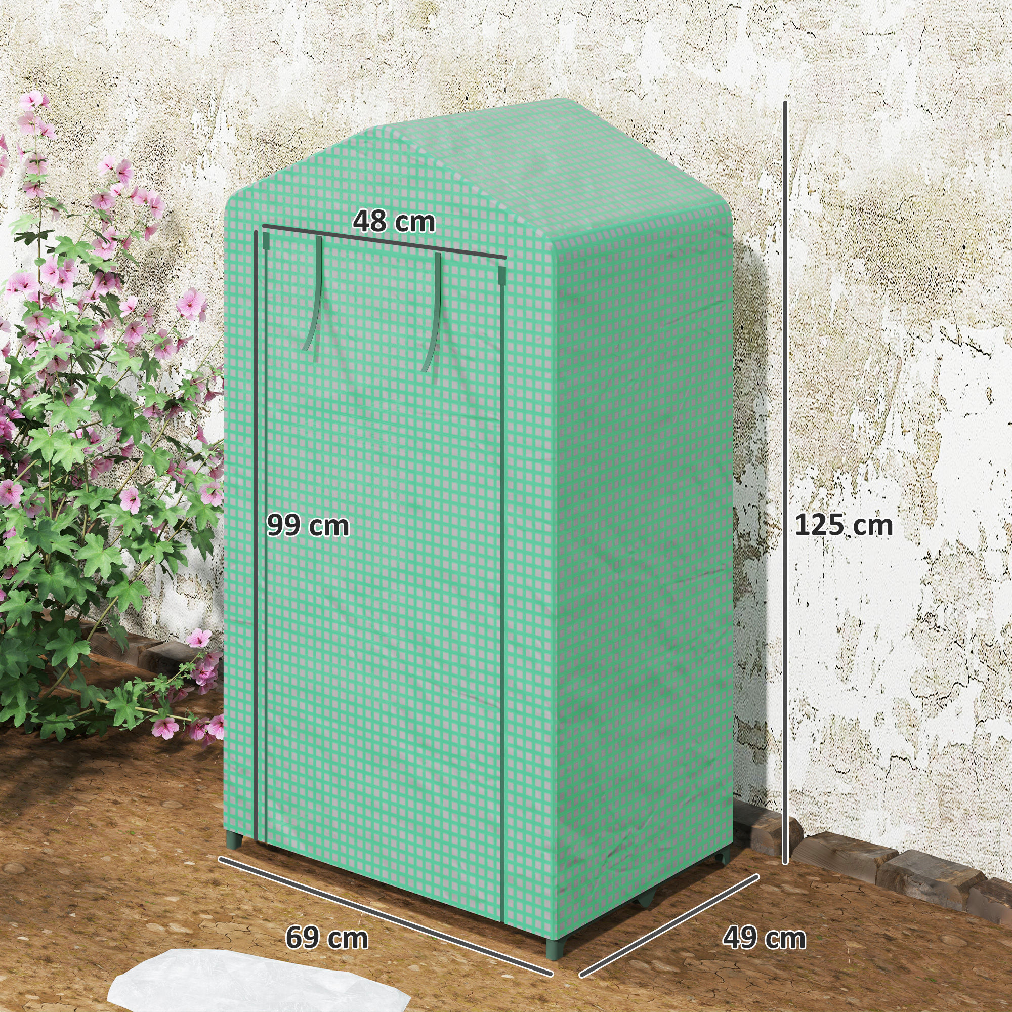 Invernadero de Jardín de 3 Niveles, Invernadero de Exterior con 3 Estantes, Puerta Enrollable, Marco de Metal, Cubierta de PE, Anti-UV, Impermeable, para Terraza, Patio, 69x49x125 cm, Verde