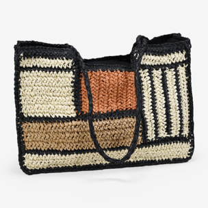 Bolso de hombro negro y beige de esparto