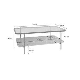 Table basse rectangulaire double plateau verre, décor bois et métal SMOOKY