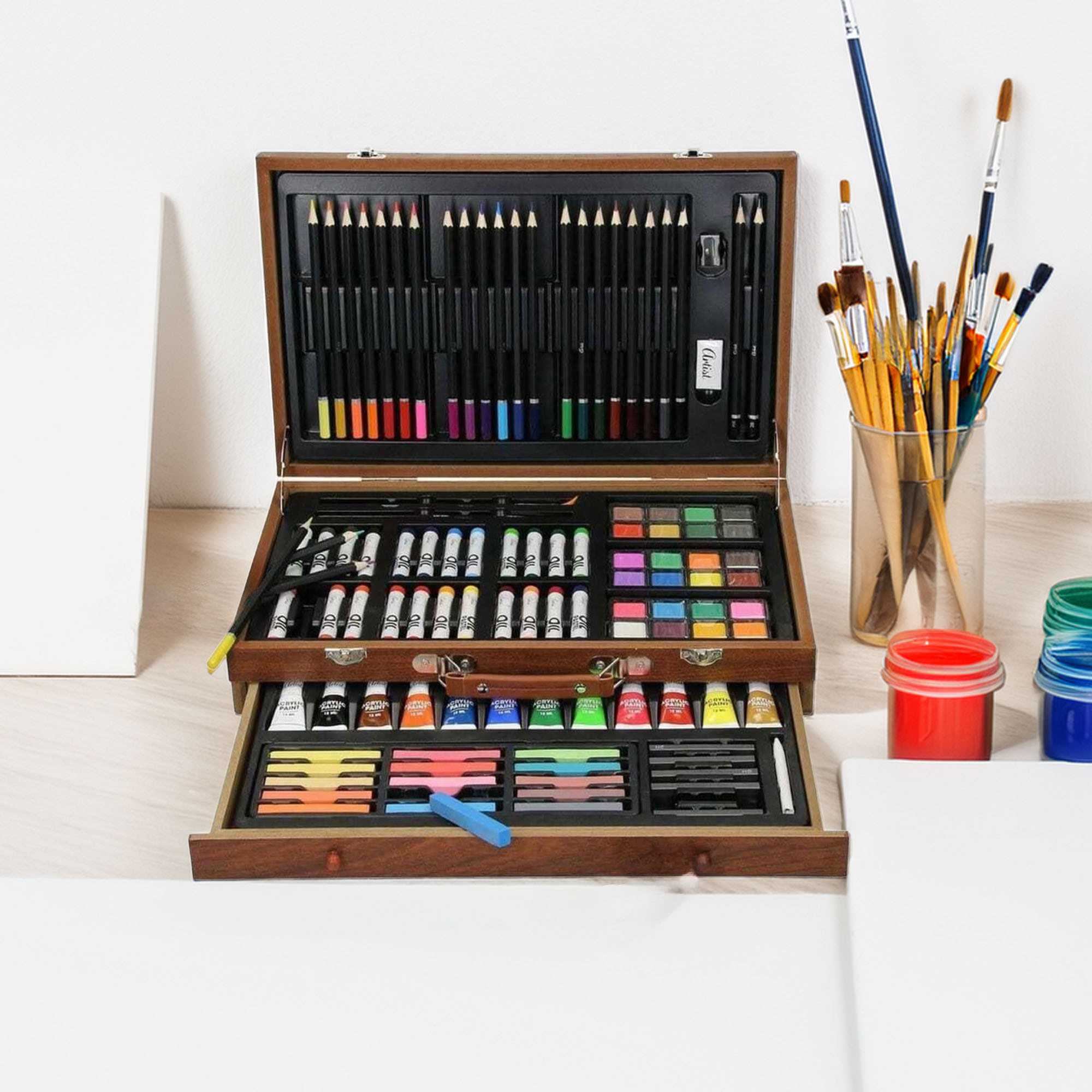 Set de arte de pintura en caja de madera con 112 piezas 37,5x8x23,5cm