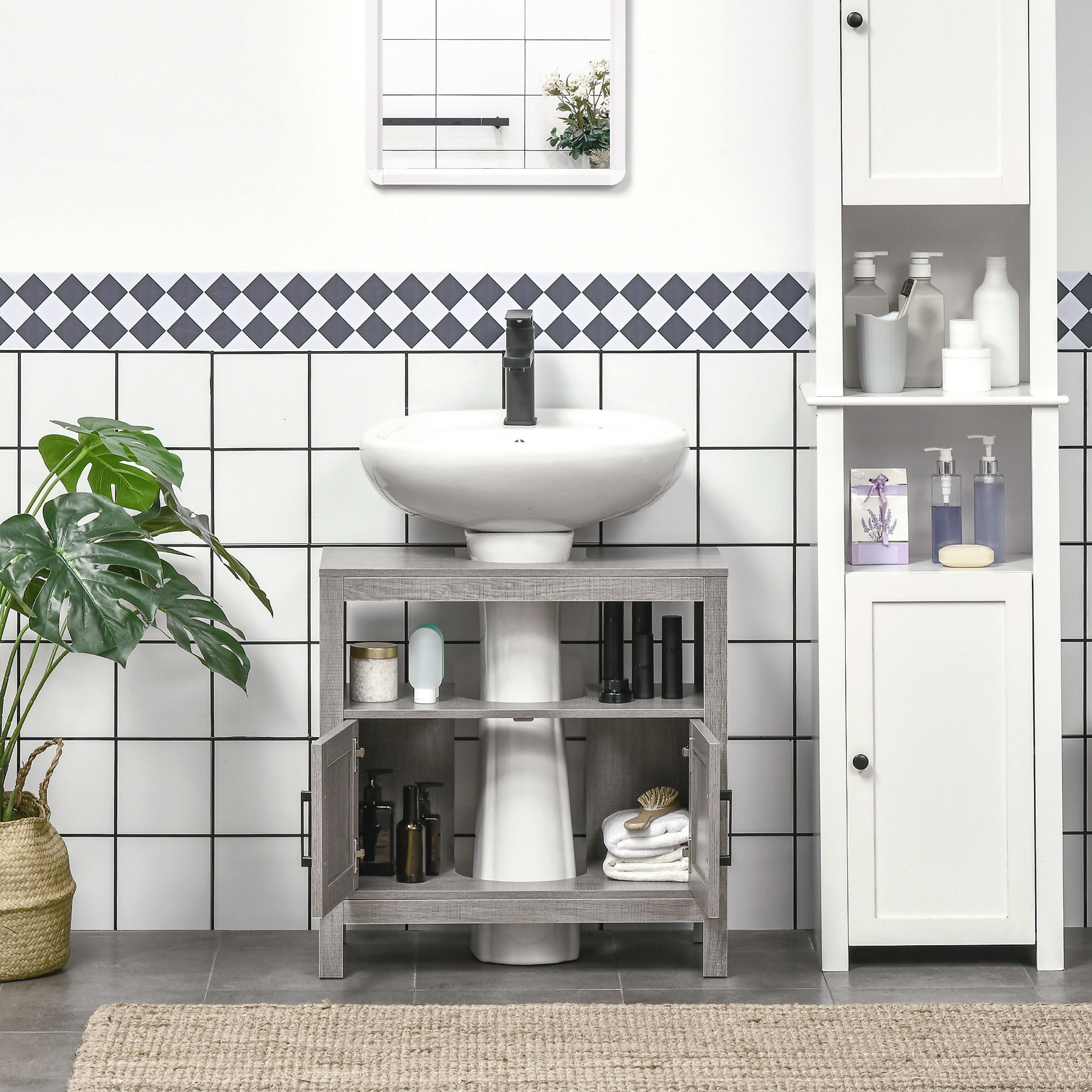 Mueble para Debajo del Lavabo Armario de Suelo para Baño de Madera con 2 Puertas y Estante Abierto Estilo Moderno 60x30x60 cm Gris