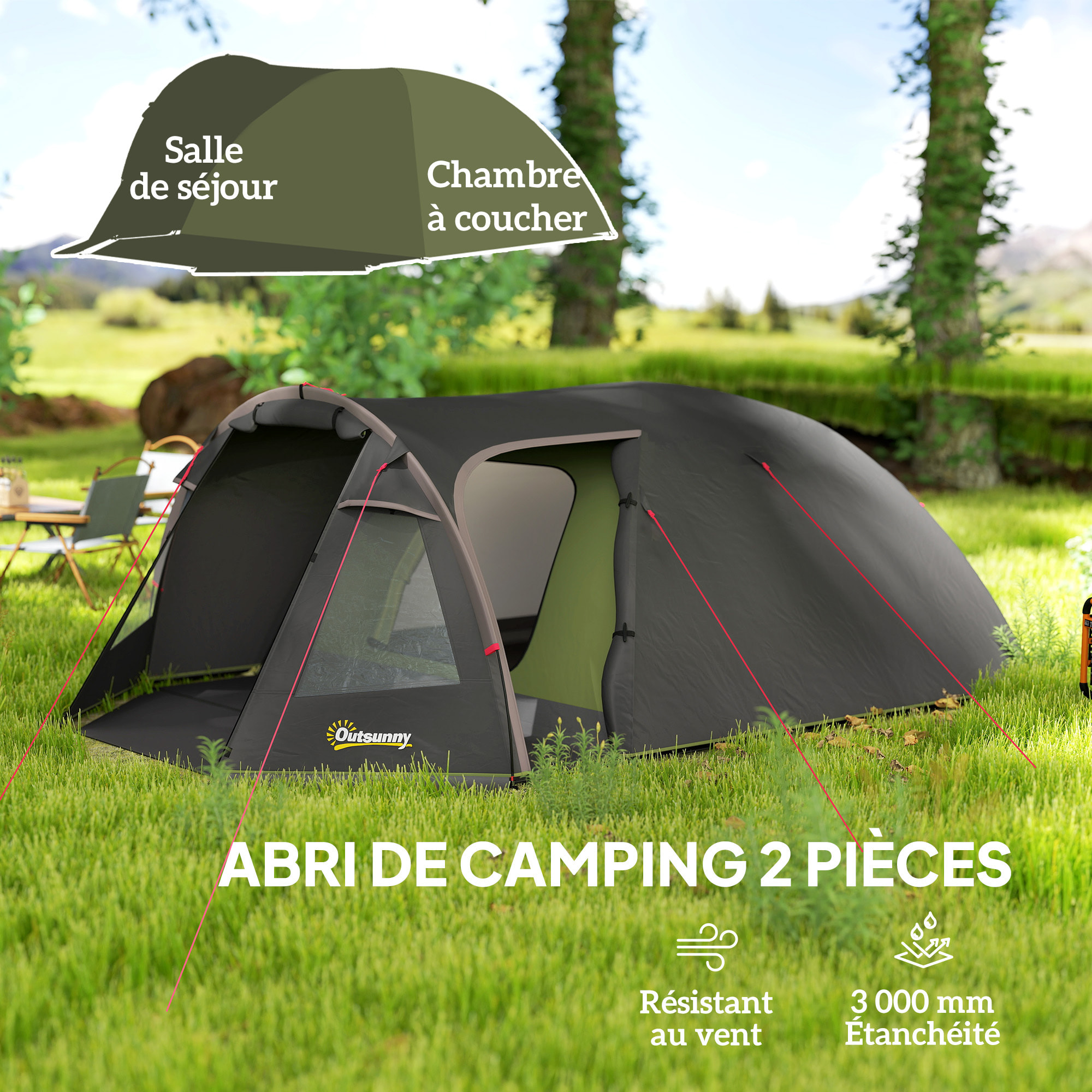 Tente camping 2-4 places - tente tunnel familiale - imperméabilité 3000mm - dim. 3,6 x 2,5 x 1,3 m - sac inclus - noir