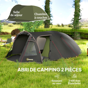 Tente camping 2-4 places - tente tunnel familiale - imperméabilité 3000mm - dim. 3,6 x 2,5 x 1,3 m - sac inclus - noir