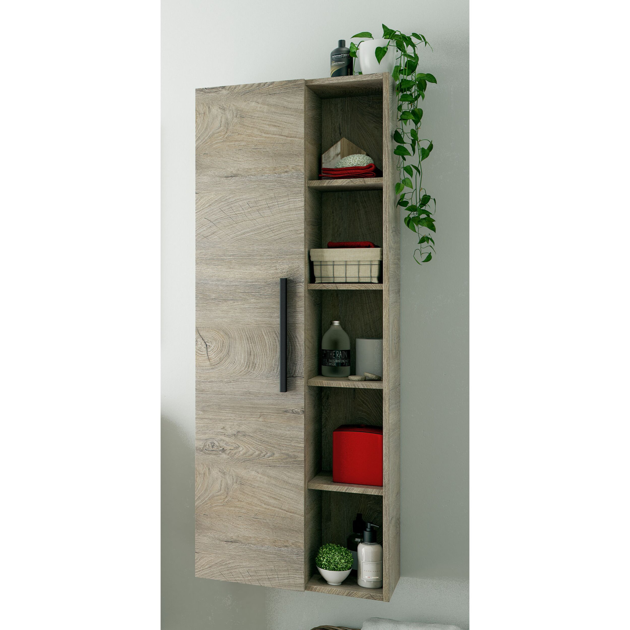 Colonna Sospesa Multiuso Con 1 Anta E 5 Vani A Giorno Mobile Armadietto Bagno Pensile Salvaspazio Chiusura Assistita 150 x 25.5 x 50 Cm Rovere Alaska
