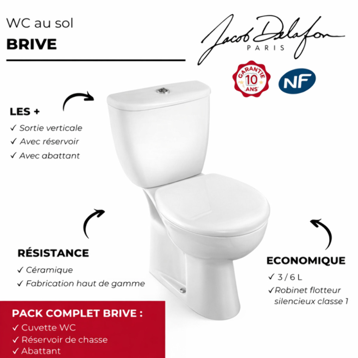 WC à poser sortie verticale Brive 3 avec abattant