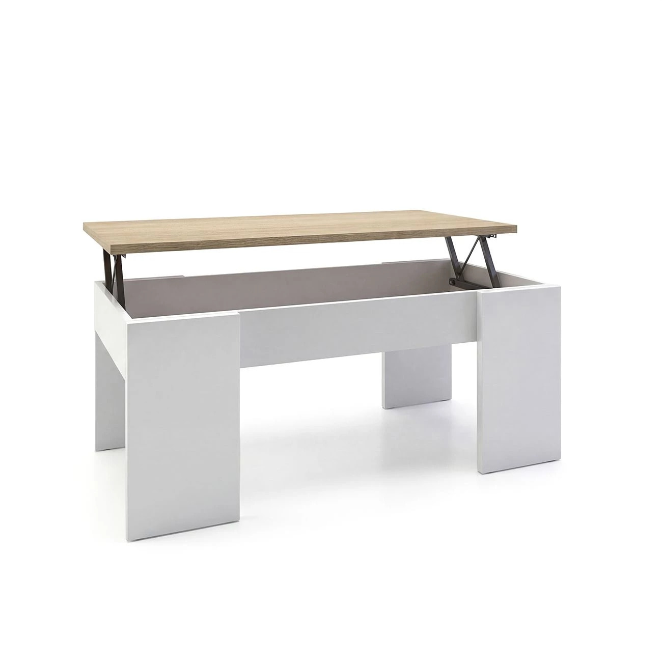 Mesa de centro elevable con almacenaje en blanco artick y roble canadian 100x45-56 cm Vita Blanco Artik (Blanco Mate) - Roble Canadian