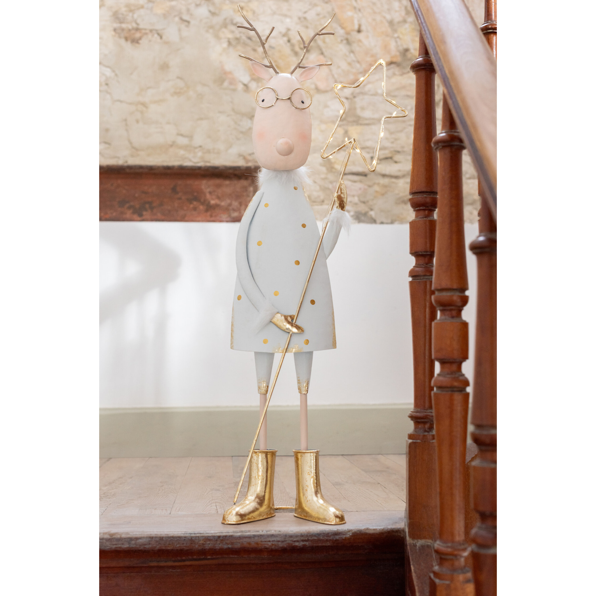 J-Line figurine Renne Arbre + Etoile - fer - or/blanc - 2 pcs - LED