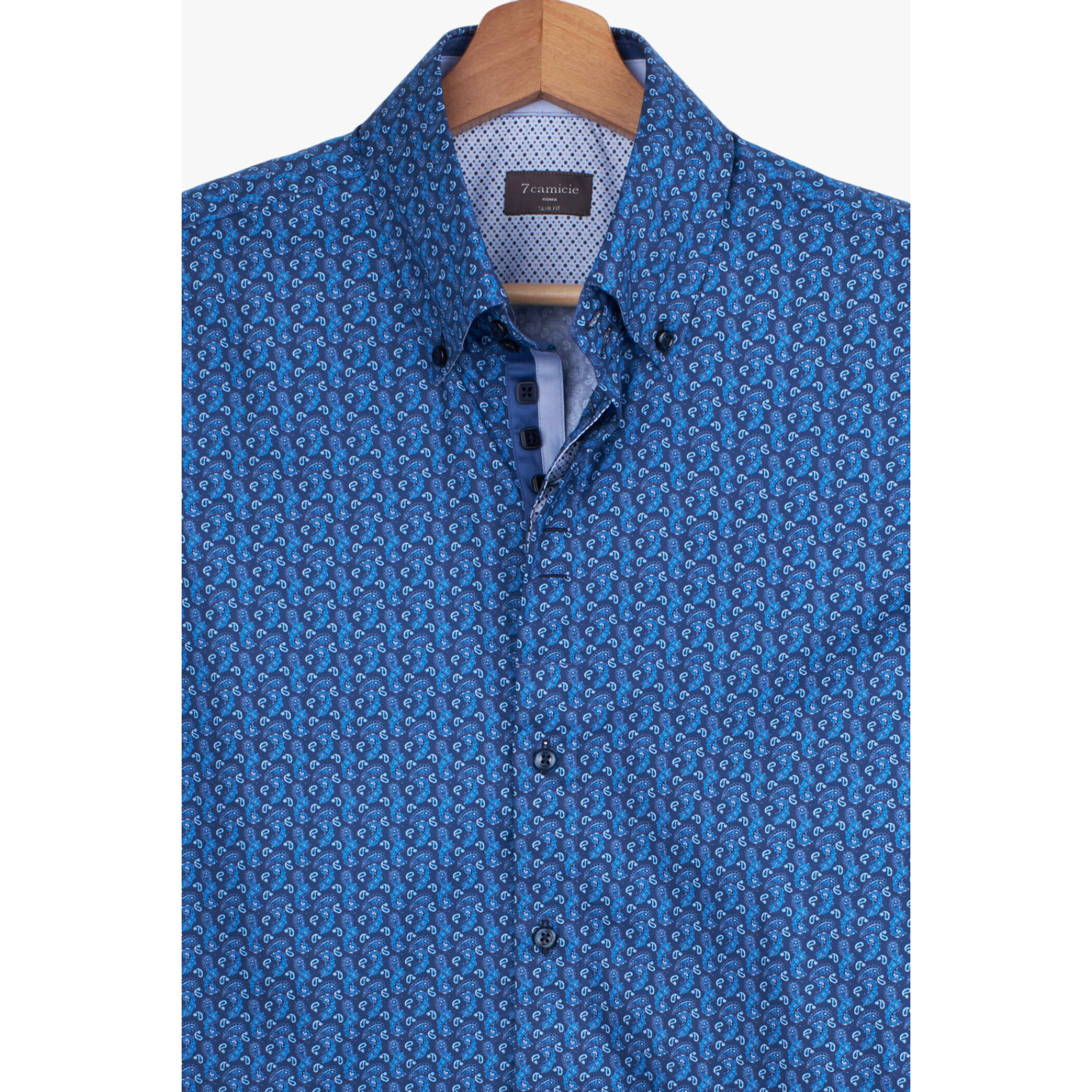 Camicia Uomo 2 Bottoni Button Down Slim Popeline Stampato Blu/Turchese
