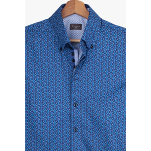 Camicia Uomo 2 Bottoni Button Down Slim Popeline Stampato Blu/Turchese