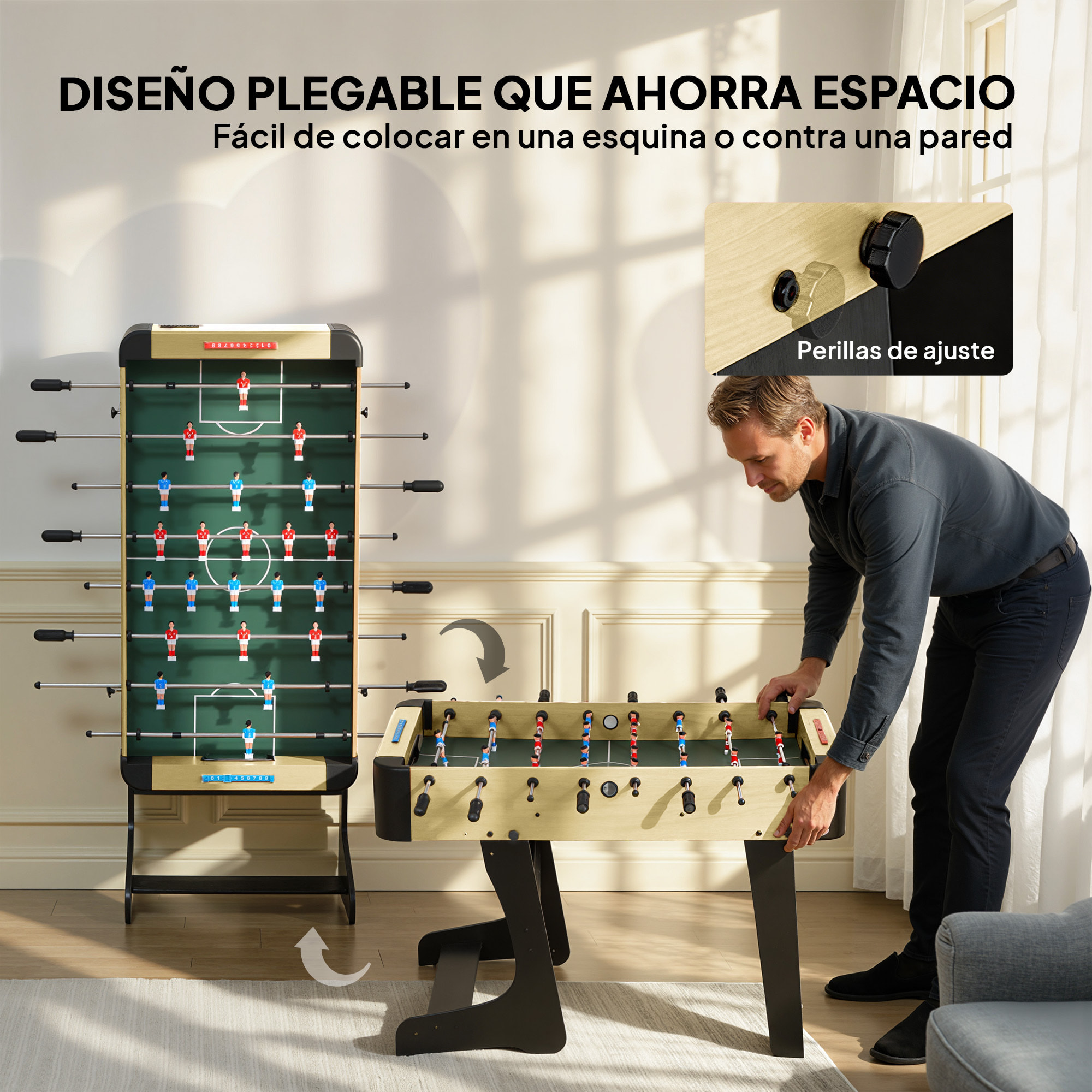 Futbolín para Niños Plegable, Mesa de Futbolín de Madera con 2 Marcadores, 8 Asas, 22 Jugadores, 8 Barras y 2 Bolas, para 2 a 4 Personas, Adultos, Familias, Fiestas, 118x107,5x78 cm, Natural