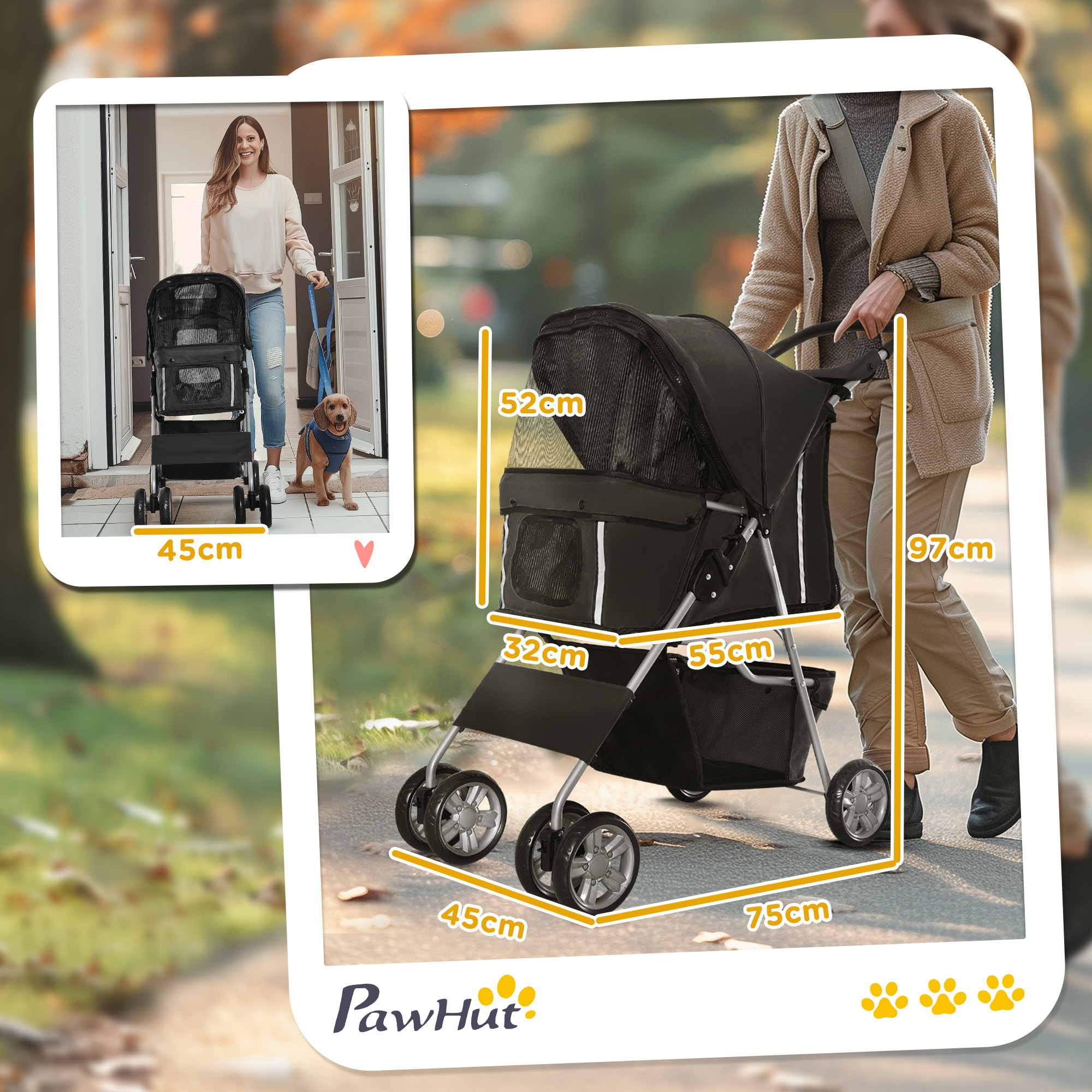 Carrito para Perros Plegable Cochecito para Mascotas Carrito para Perros Pequeños con Toldo Ajustable Cesta de Almacenaje Ventanas de Malla Portavasos y Ruedas 75x45x97 cm Negro