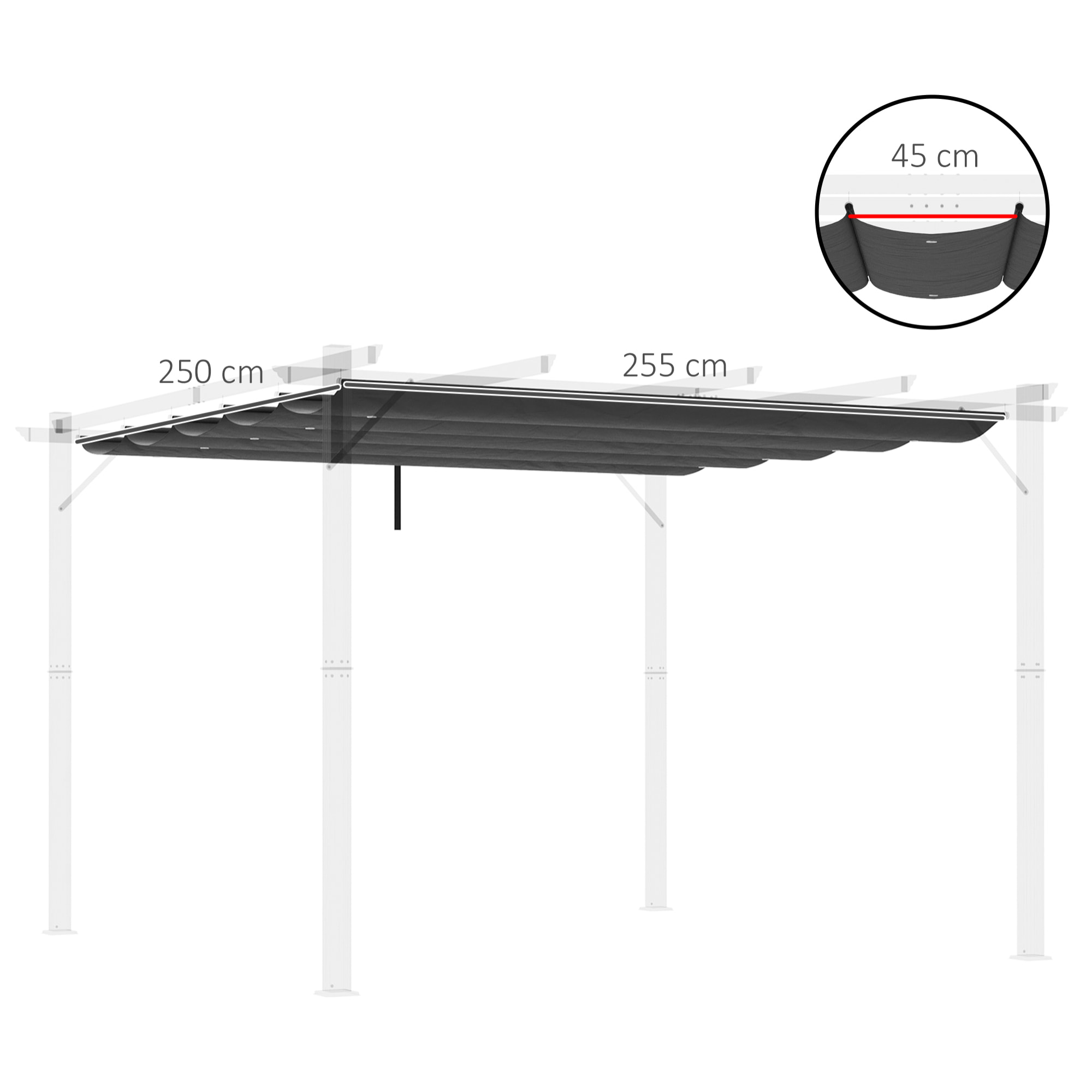 Cubierta para Pérgola 2,5x2,55 m Techo de Repuesto Retráctil para Sombrilla Toldo de Tela para Cenador Jardín con 10 Orificios de Drenaje Gris Oscuro