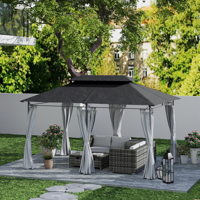 Cenador para Jardín 4x3 m Pérgola de Jardín Gazebo con Doble Techo Paredes Laterales Resistente al Agua Carpa para Exterior Terraza Patio Gris Oscuro