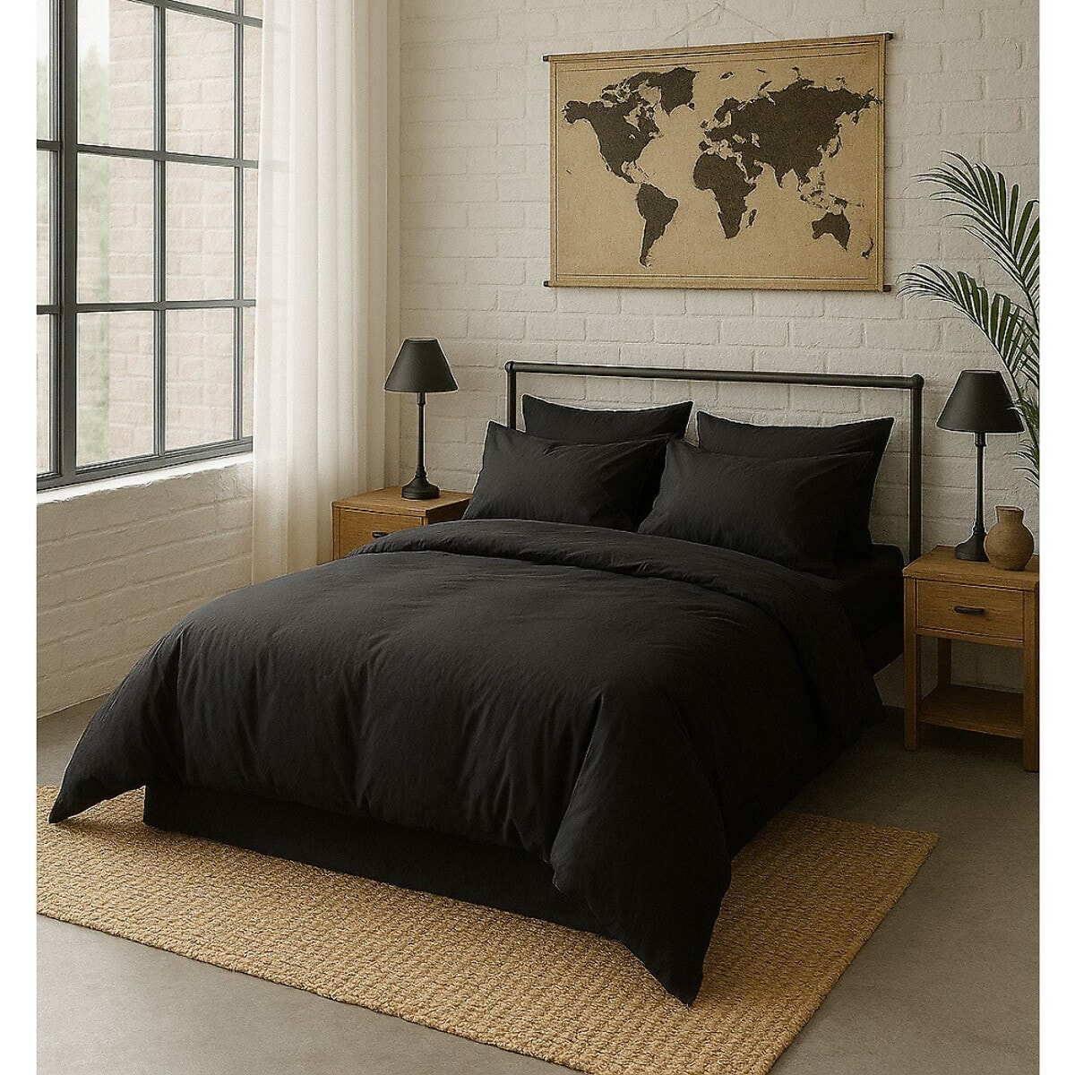 Drap Housse - Bonnet 30cm 100% Percale De Coton Lavé Noir Minuit