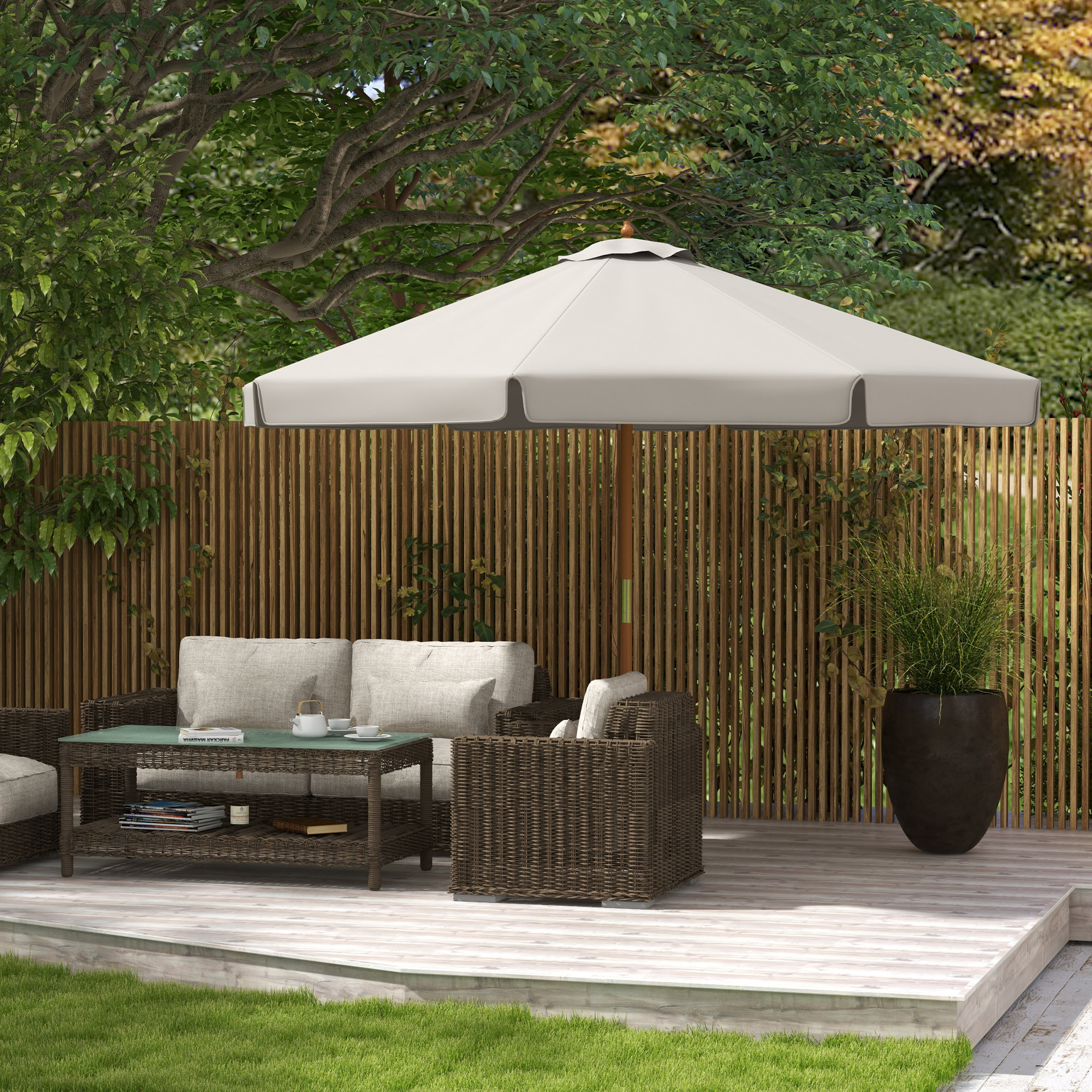 Sombrilla Terraza Exterior Ø325 cm Sombrilla de Jardín con Sistema de Polea Techo Ventilado 8 Varillas de Bambú y Poste de Madera Parasol para Patio Terraza Gris