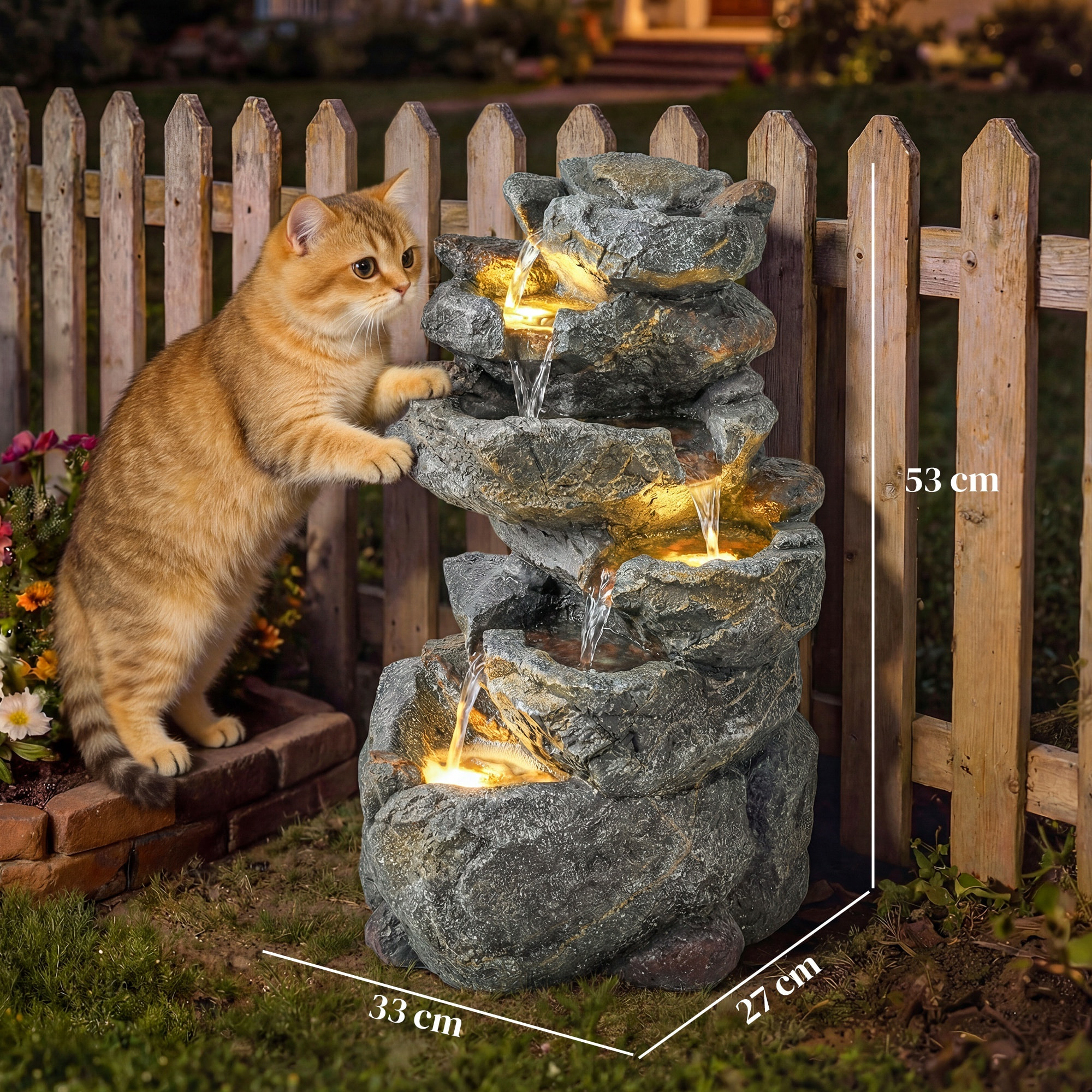 Fontaine de jardin cascade LED 6 niv. effet pierre pompe à eau réglable incluse