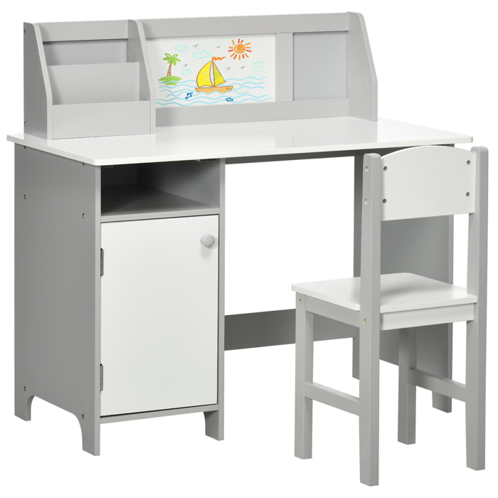 Juego de Mesa y Silla Infantil de Madera con Pizarra Blanca Mesa de Estudio para Niños de +5 Años Mueble Escritorio Infantil 90x45x85 cm Gris