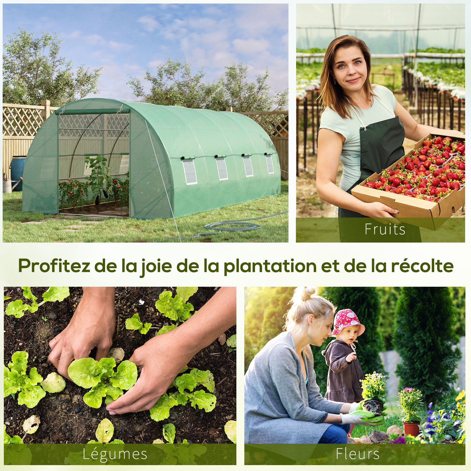 Serre de jardin tunnel 5,9L x 3l x 2H m châssis tubulaire acier galvanisé renforcé 2,5 cm 8 fenêtres 1 porte vert
