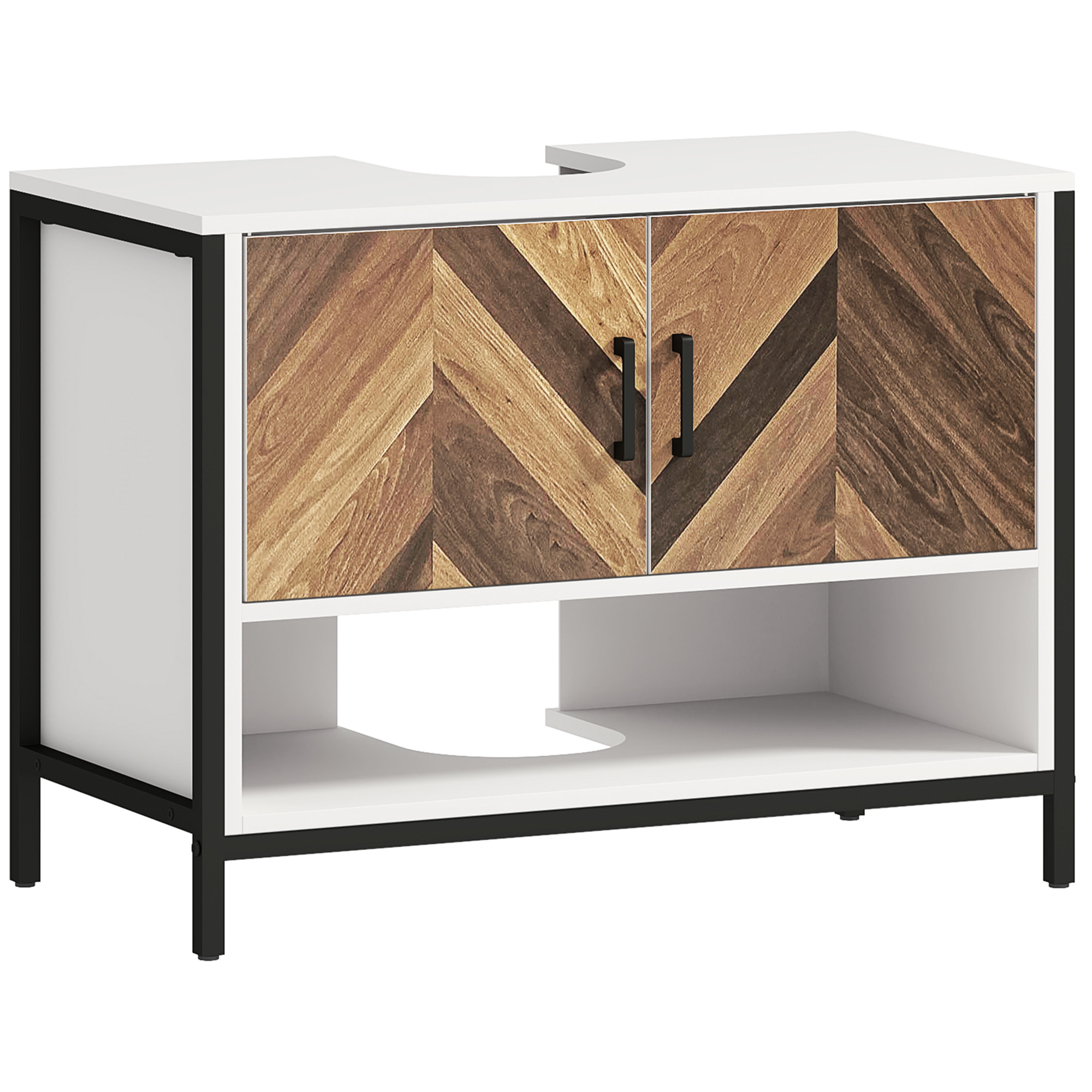 Mueble bajo Lavabo Mueble de Lavabo con Pie Mueble de Baño con 2 Puertas Patrón en Espiga y Compartimento Abierto para Lavabo con Pedestal o con Pie 80x40x60 cm Crema y Nogal