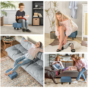 Reposapiés de Salón Taburete Bajo Tapizado en Lino Otomana Rectangular con Estructura de Madera para Sala de Estar Dormitorio Azul Oscuro